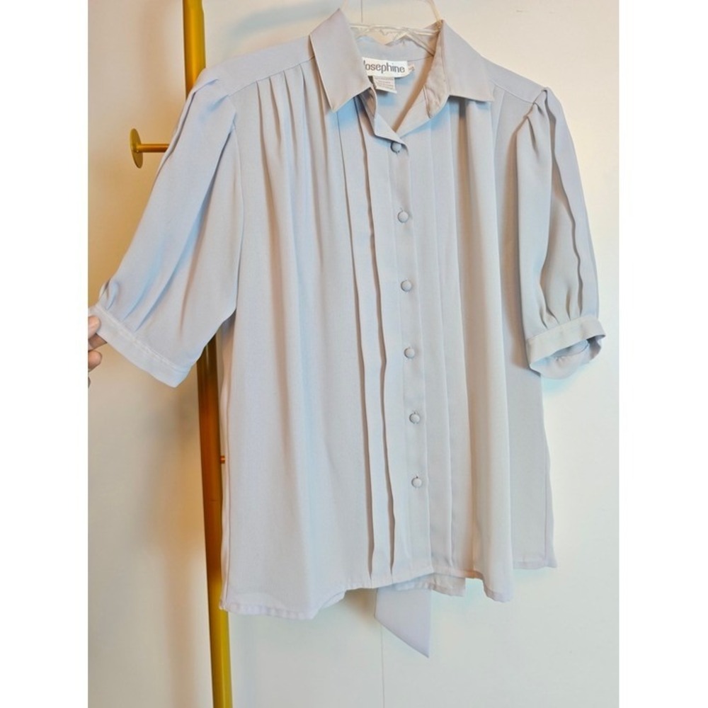Vintage 80s Joseph Light Blue Pleated Button-Front Office Top Tie Neck Sz 10 - Picture 3 of 11